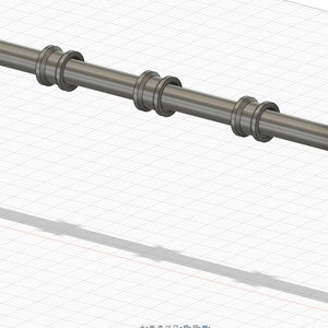 May include: A 3D printed metal bracket with a long metal rod extending from it. The rod has three metal rings attached to it. The bracket has the text "One3D" printed on it.