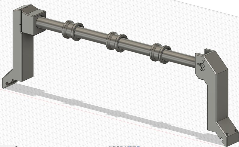 May include: A 3D printed metal bracket with a long metal rod extending from it. The rod has three metal rings attached to it. The bracket has the text "One3D" printed on it.