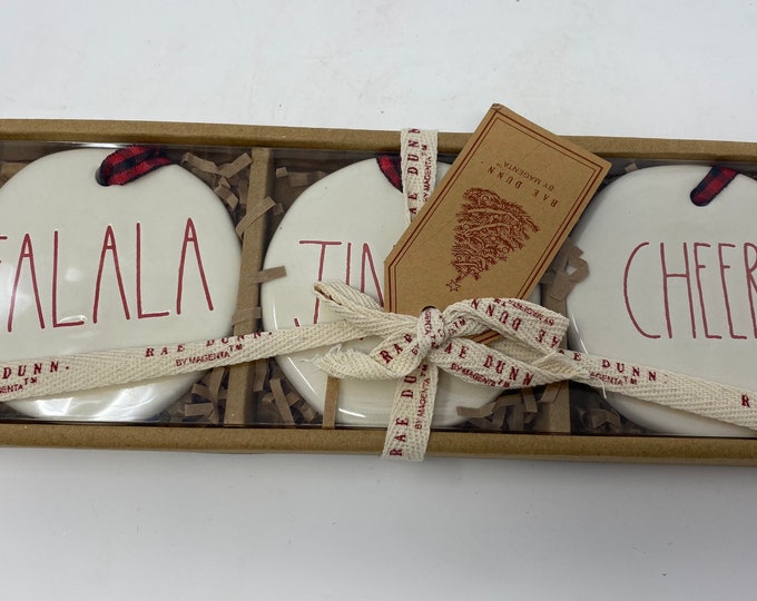 Rae Dunns Classic White Christmas Flat Round Ornaments, FA LA LA