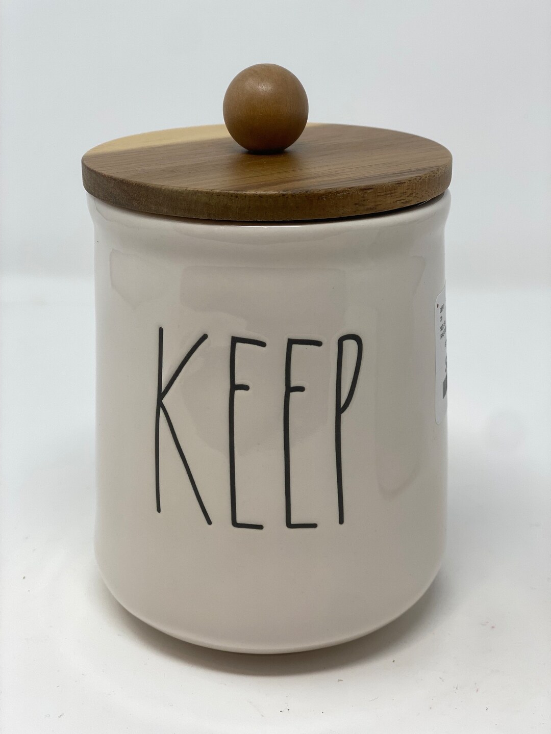 Rae Dunn Classic White KEEP Canister With Acacia Wood Lid, White