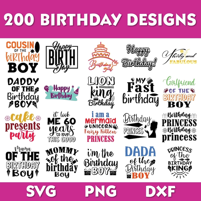 200 Birthday designs, Birthday svg bundle, Happy Birthday svg, Birthday png dxf, Birthday party svg set, Commercial use digital files pack image 1