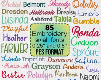 May include: A digital collection of 85 embroidery small fonts in PES format, featuring various styles and colors. A central box displays the text 85 Embroidery small fonts 0.25" and 0.5" PES FORMAT, surrounded by names like Amara, Boston, and Orchid.