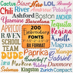 Op de afbeelding: Een digitale collectie van 200 borduurlettertypes in BX-formaat, met een centraal oranje rechthoekig label met de tekst 200 Embroidery FONTS 1-1.5-2-2.5-3 BX FORMAT, omringd door diverse woorden in verschillende lettertypes.