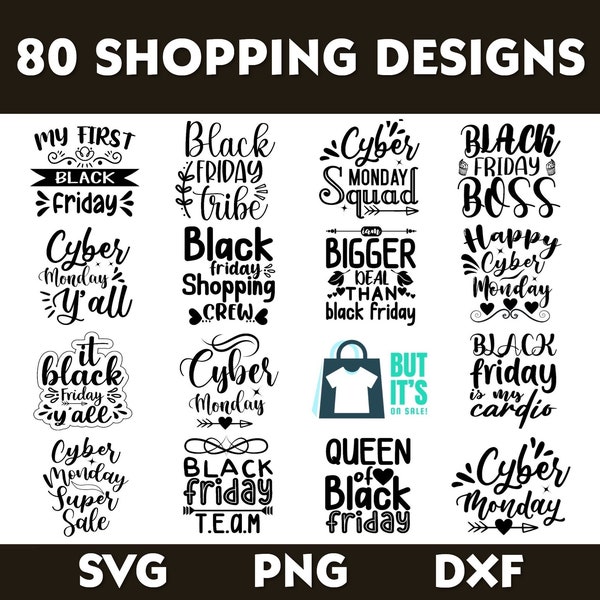 80 Black Friday designs bundle, Sale svg bundle, Cyber monday svg, Shopping quotes, Cutting files set, Sale clipart pack, Sale vector bundle