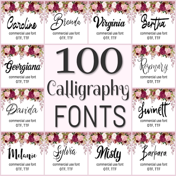 100 Calligraphy fonts bundle, Script fonts pack, Wedding fonts, Cursive fonts set, Handlettering fonts, Digital alphabet, Commercial use