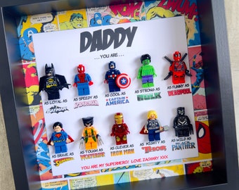 Fathers Day Personalised   Super Hero Gift /  Box Frame / present for  dad daddy / Handmade Character Frame/ Son / grandad/ Husband/birthday