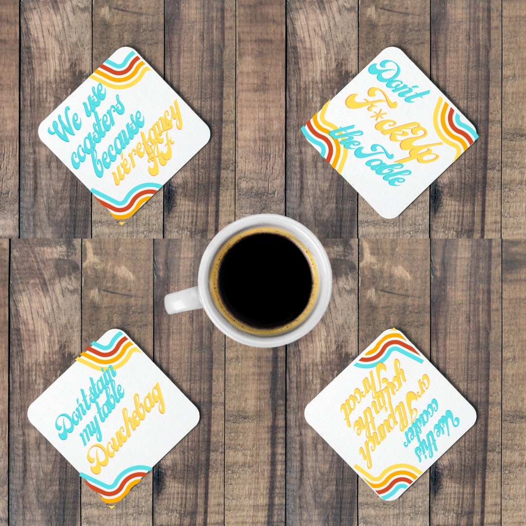 Funny Offensive Coasters in Retro Design 70's Vintage Lettering Set of 4  Sublimation Images 