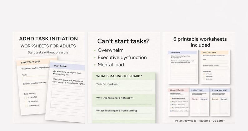 ADHD Worksheets for Adults | Task Initiation & Executive Dysfunction ...