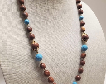 Boho Wood and Turquoise Beaded Necklace