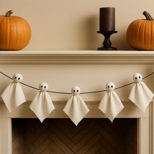 Halloween Decor | Ghost Garland | Fabric Ghost Garland | Halloween Garland | Boho Halloween | Ghost Garland | Wooden Bead Garland |