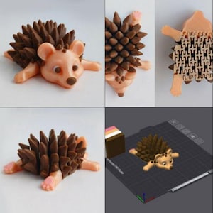 May include: A whimsical, light brown hedgehog figurine with dark brown spikes. The hedgehog is lying down, with its pink paws and ears visible. The figurine has a cute, cartoonish design.