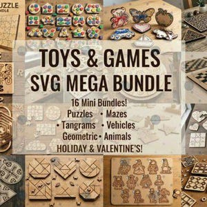 Pode incluir: Uma coleção de brinquedos e jogos de madeira cortados a laser, incluindo quebra-cabeças, labirintos e tangrans. A imagem mostra várias formas, animais e designs temáticos de feriados. O texto na imagem diz "TOYS & GAMES SVG MEGA BUNDLE".