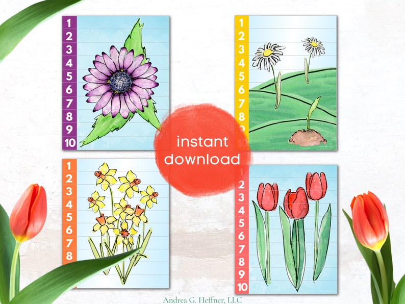 Flowers Number Sequence Puzzle Set Four Counting Puzzles 1-10 for ...
