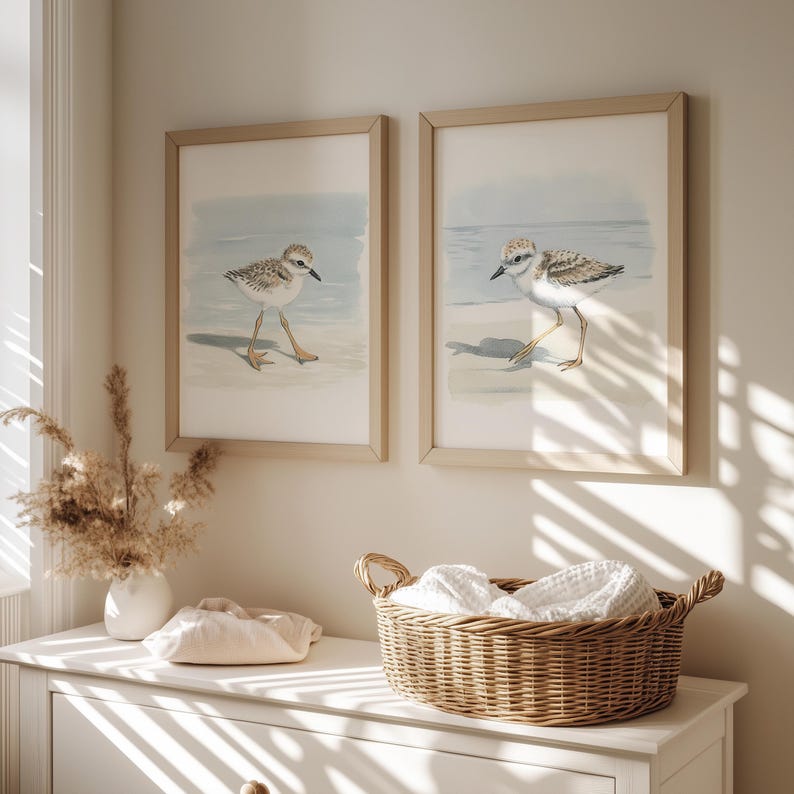 Mailed Prints | Piping Plover Watercolor Wall Art, Snowy Plovers Bird Print Set of 2, Coastal Kids Room Decor, Beach House Artwork image 1