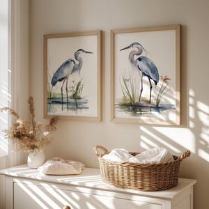 Mailed Prints | Blue Heron Watercolor Bird Art Print Set of 2, Coastal Wall Decor, Kids Room Artwork, Beach House Watercolor Prints image 1