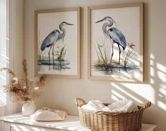 Mailed Prints | Blue Heron Watercolor Bird Art Print Set of 2, Coastal Wall Decor, Kids Room Artwork, Beach House Watercolor Prints