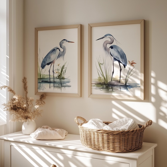 Mailed Prints | Blue Heron Watercolor Bird Art Print Set of 2, Coastal Wall Decor, Kids Room Artwork, Beach House Watercolor Prints