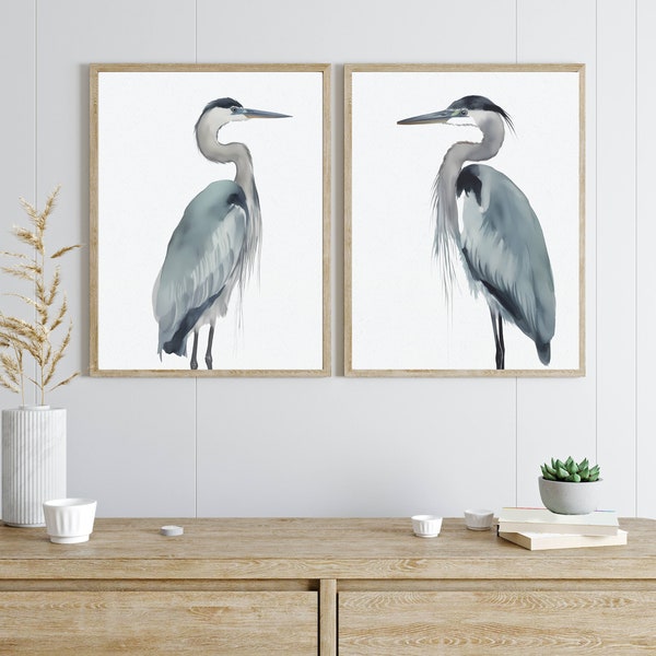 Mailed Prints - Muted Blue Heron Art Print Set of 2  | Birds Art print |  Kid room wall art | Watercolor Prints | O90