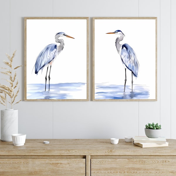 Mailed Prints - Muted Blue Heron Art Print Set of 2  | Heron Sketch Watercolor| Birds Art print |  Bedroom Wall Art | Watercolor Prints |O90