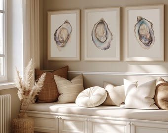 Mailed Prints | Oyster Watercolor Wall Art, Hamptons Coastal Kitchen Decor, Living Room Nautical Oysters Artwork Set of 3, Art Print