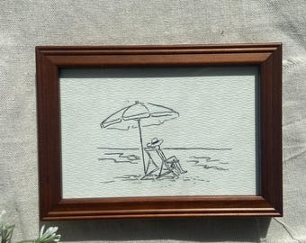 Framed Miniature Beach Sketch – Original Hand Drawn Coastal Drawing, Tiny Beach Chair Artwork, Mailed Small Wall Art, 4x6, Not a Print