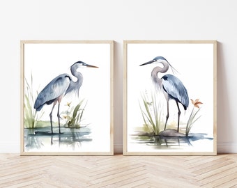 Mailed Prints - Blue Heron Art Print Set of 2  | Birds Art print |  Kid room wall art | Watercolor Prints | S217