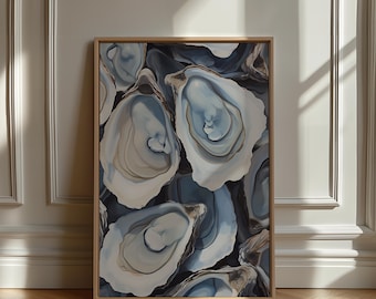 Mailed Print | Blue Oyster Watercolor Wall Art, Coastal Kitchen Decor, Hamptons Beach House Artwork, Nautical Oyster Painting, Art Print