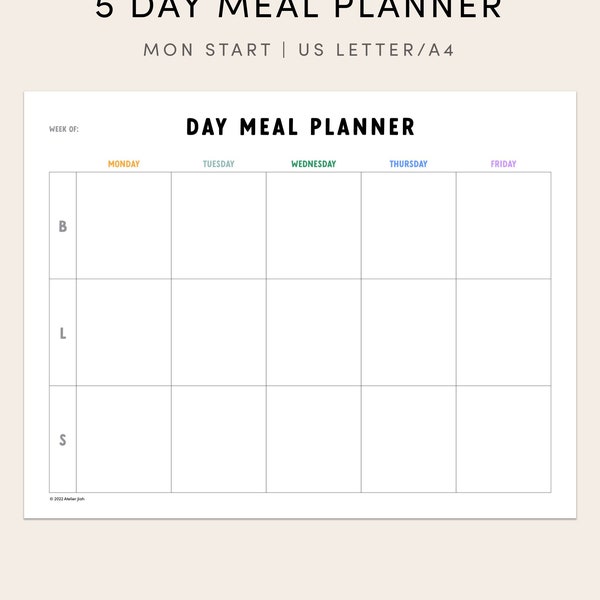 Daycare Meal Planner Printable 5 day Weekly Meal Plan childcare Weekday School Lunch Plan Kids Snack Schedule Landscape Instant Download PDF