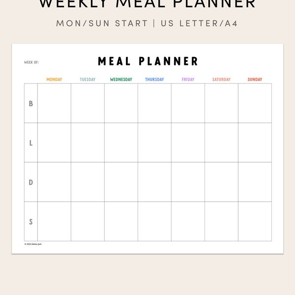 Family Meal Planner Printable Weekly Kids Meal Snack Plan without grocery list Meal Schedule Landscape Digital File Instant Download PDF