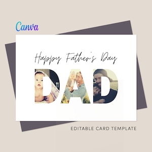 Bewerkbare Canva-kaartsjabloon voor vaders Upload je eigen 3 foto's lege Happy Birthday Dad-kaart Instant Download 7 x 5