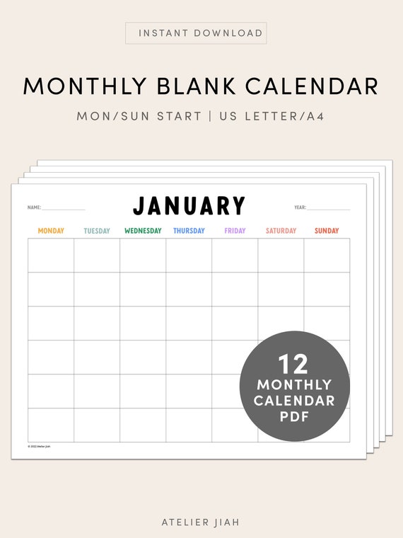 Kids Wall Calendar Printable Undated Calendar Monthly Planner