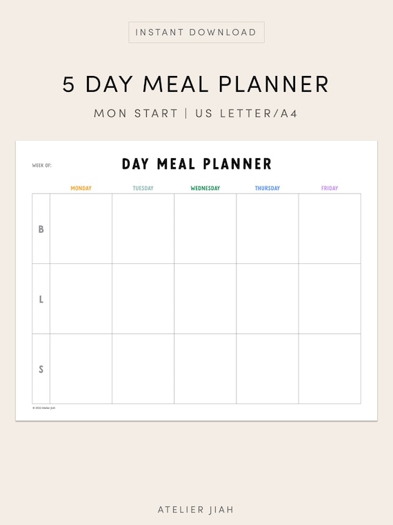 Daycare Meal Planner Printable 5 Day Weekly Meal Plan Childcare Weekday  School Lunch Plan Kids Snack Schedule Landscape Instant Download PDF - Etsy