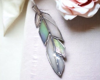 Stained Glass White Feather. Iridescent/wispy/opal glass.