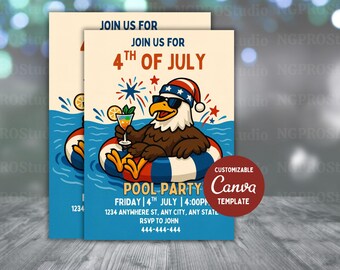 May include: Two invitations for a 4th of July pool party. The design features an eagle in a patriotic hat and sunglasses, floating on a pool float and holding a cocktail. The invitations include the text "Join us for 4th of July Pool Party".