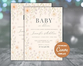 Editable Baby in Bloom Baby Shower Invitation, Wildflower Baby Shower Invite, Pink Spring Flowers Baby Shower Invitation