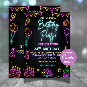 Glow Party Birthday Invitation, Glow 5th Birthday Invitation, Girl&#39;s Neon Party Template, Glow Party Invitation Template, Instant Download