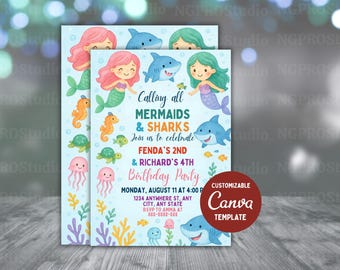 Editable Mermaid And Shark Birthday Party Invitation Template, Mermaid Shark Birthday Invitation, Mermaid Invitation, Shark Digital Invite