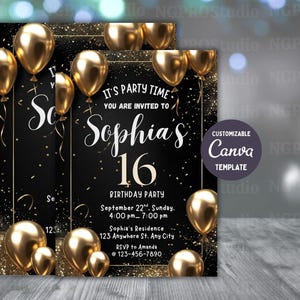 Digital Birthday Invitation Template, Electronic Birthday Invite Black Gold Neon Digital Download, Text Message Invite Editable Text ANY AGE