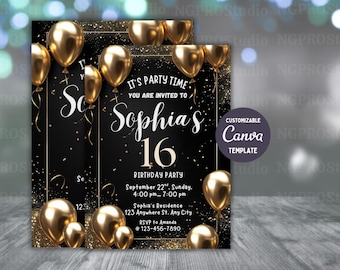 Digital Birthday Invitation Template, Electronic Birthday Invite Black Gold Neon Digital Download, Text Message Invite Editable Text ANY AGE