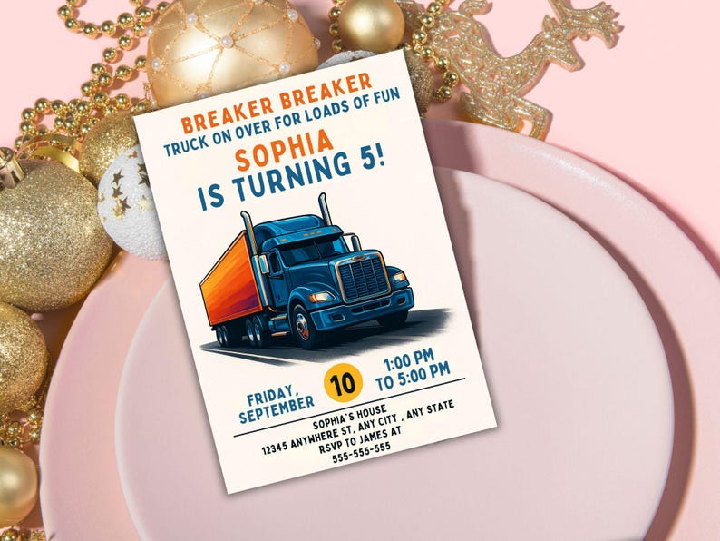 Editable Semi Blue Truck Birthday Party Invitation Template, Big Rig ...