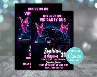 Party Bus Invitation, Any Theme, Pink Birthday Invite, Ladies Night Out, Editable Template, Digital Evite, Printable Card, Instant Download