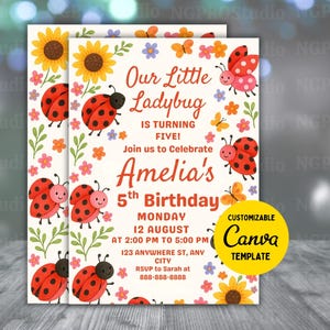 Editable Little Ladybug Birthday Invitation, Red Lady Bug Girls Party Digital Template, Daisy Flower Ladybug Insect Birthday Party Invite