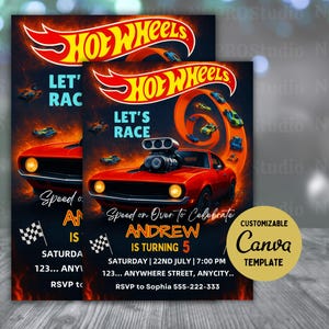 Bearbeitbare Geburtstagseinladungsvorlage für Hot Cars Digitaler Download Rennparty einladen für Jungen, druckbare Rennwagen-Einladungskarte Jpg, Png, Pdf