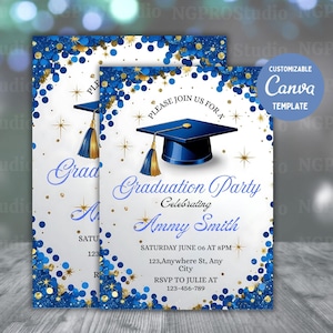 Puede incluir: Invitación a una fiesta de graduación con una ilustración de gorro de graduación azul, estrellas doradas y confeti azul. La invitación incluye el texto "Graduation Party Celebrating Ammy Smith".