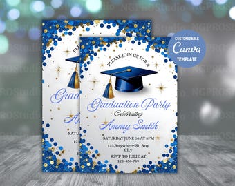 Graduierung Party Einladung, Klasse von 2025 einladen, blaue Graduierung Ankündigung, selbst bearbeitbarer digitaler Download, druckbare Abschlusskarte