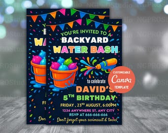 Editable Water Gun Birthday Invitation , Pool Party Invitation, Water Gun Bash Party, Canva Template
