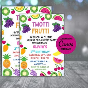 Two-tti Frutti Birthday Invitation, Two-tti Frutti 2nd Birthday Invite, Fruit Party Invitation, Two-tti Frutti Invites, Canva Template