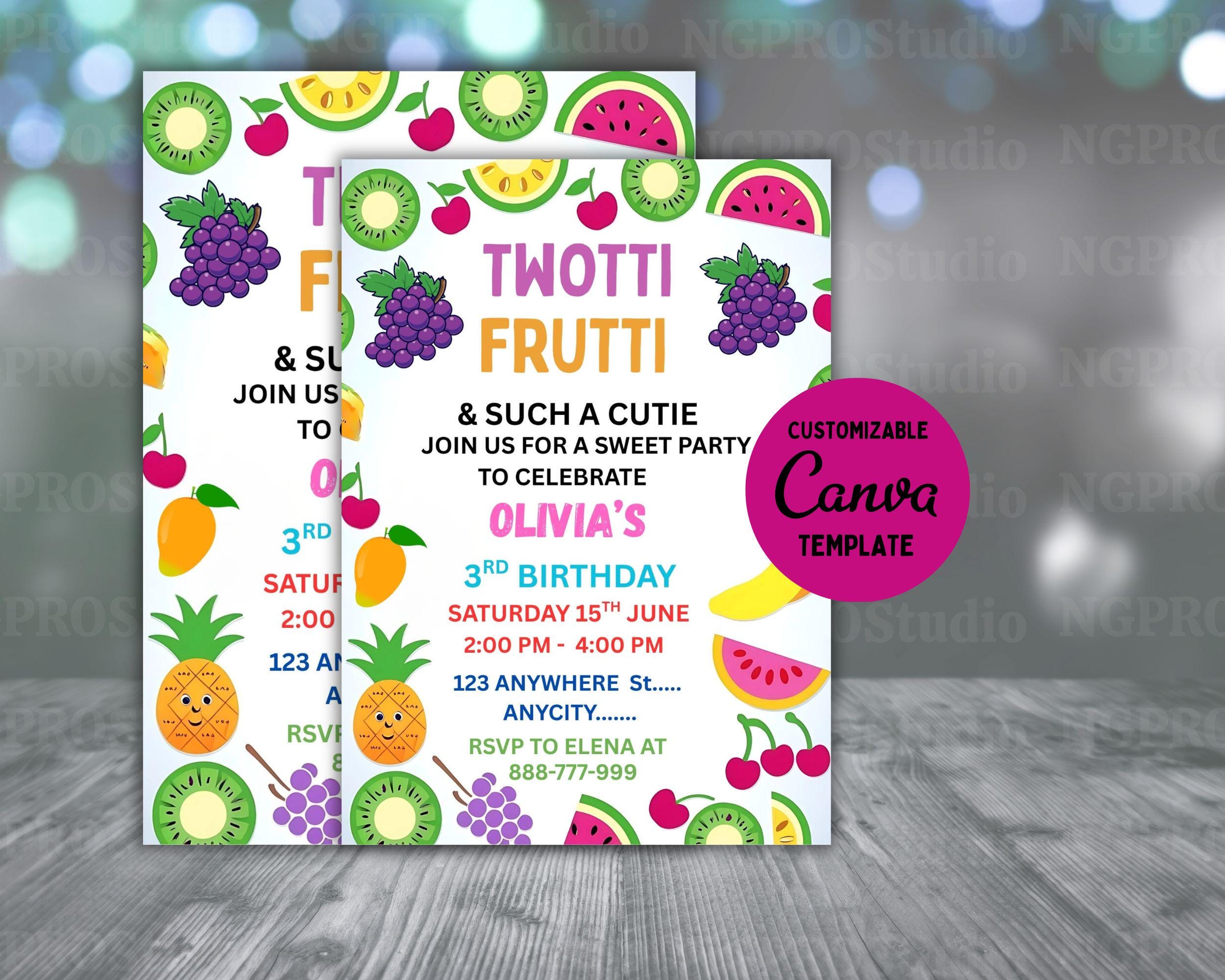 Two-tti Frutti Birthday Invitation, Two-tti Frutti 2nd Birthday Invite, Fruit Party Invitation, Two-tti Frutti Invites, Canva Template