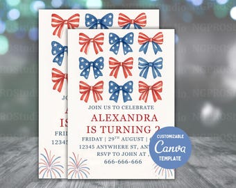 Editable 4th of July Party Invitation With Red White and Blue Coquette Bow. Independence Day Party Invite. Summer Picnic BBQ Backyard Invite