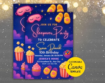 Invito di compleanno per pigiama party, invito stampabile per pigiama party, pigiama party, pigiama party, modello modificabile con luce al neon retrò, download immediato